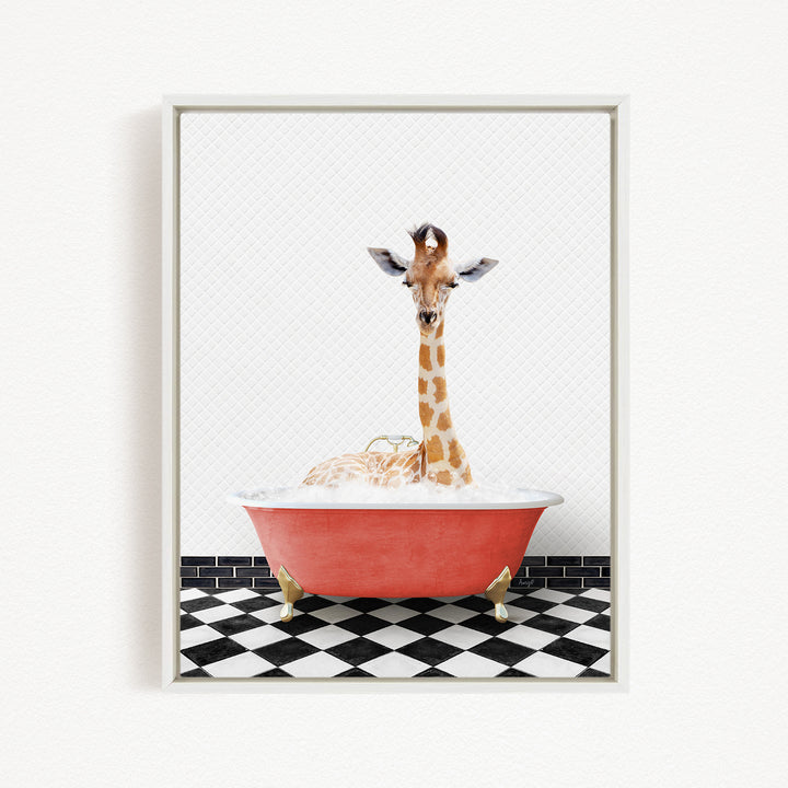 A giraffe is sitting in a red bathtub filled with water, creating a whimsical and playful scene.