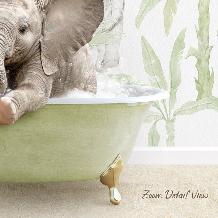 A baby elephant sitting in a green bathtub filled with bubbles, with a tropical plant wallpaper in the background.