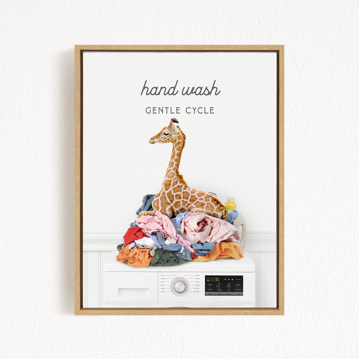 A framed image depicting a giraffe sitting on a pile of laundry, with the text "hand wash gentle cycle" above it.