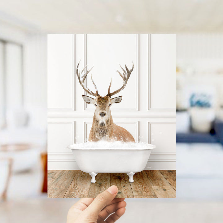 A deer with large antlers is sitting in a white bathtub filled with water, creating a whimsical and unexpected scene.