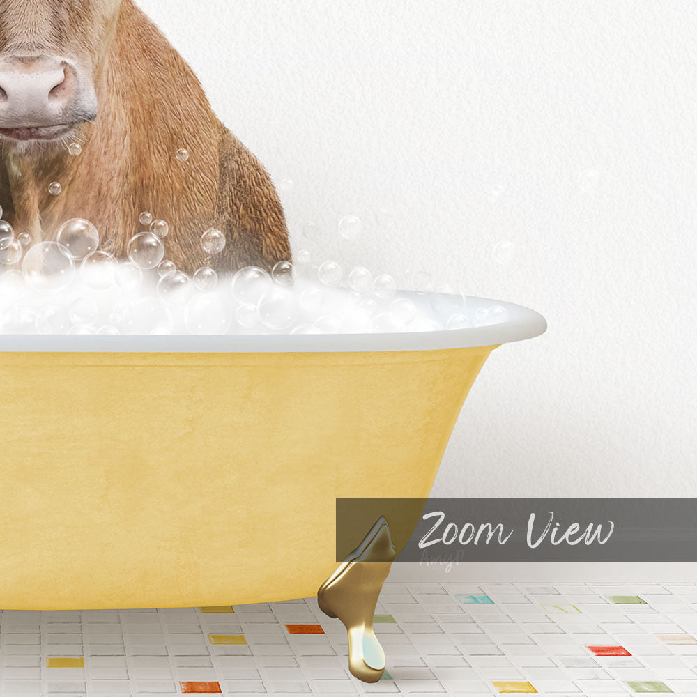 A cow is standing in a yellow bathtub filled with bubbles, creating a whimsical and playful scene.