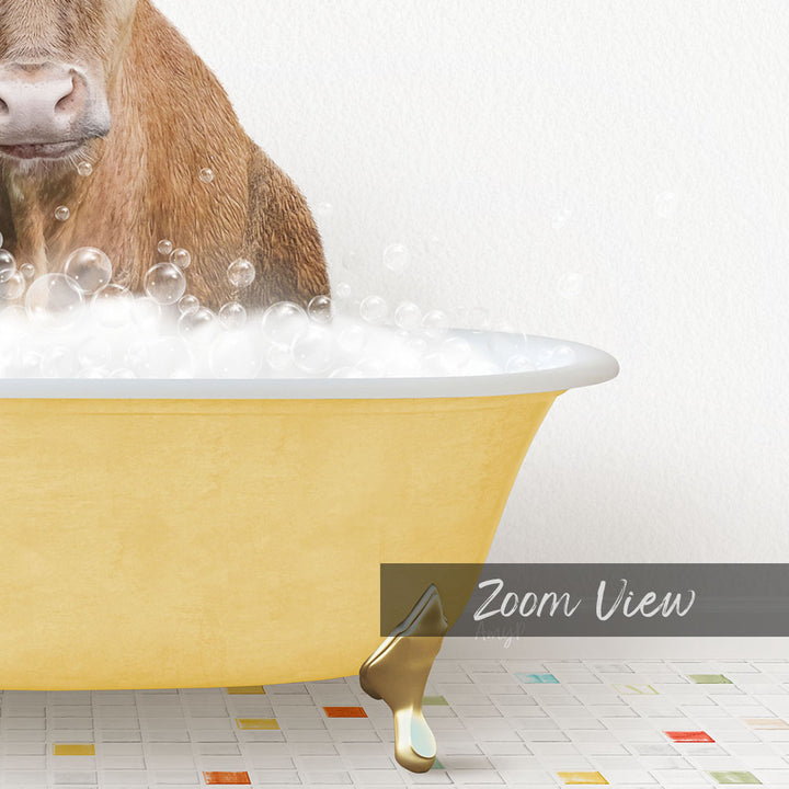 A cow is standing in a yellow bathtub filled with bubbles, creating a whimsical and playful scene.