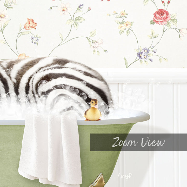 A zebra standing in a bathtub filled with bubbles, with a small yellow bird perched on the edge of the tub.