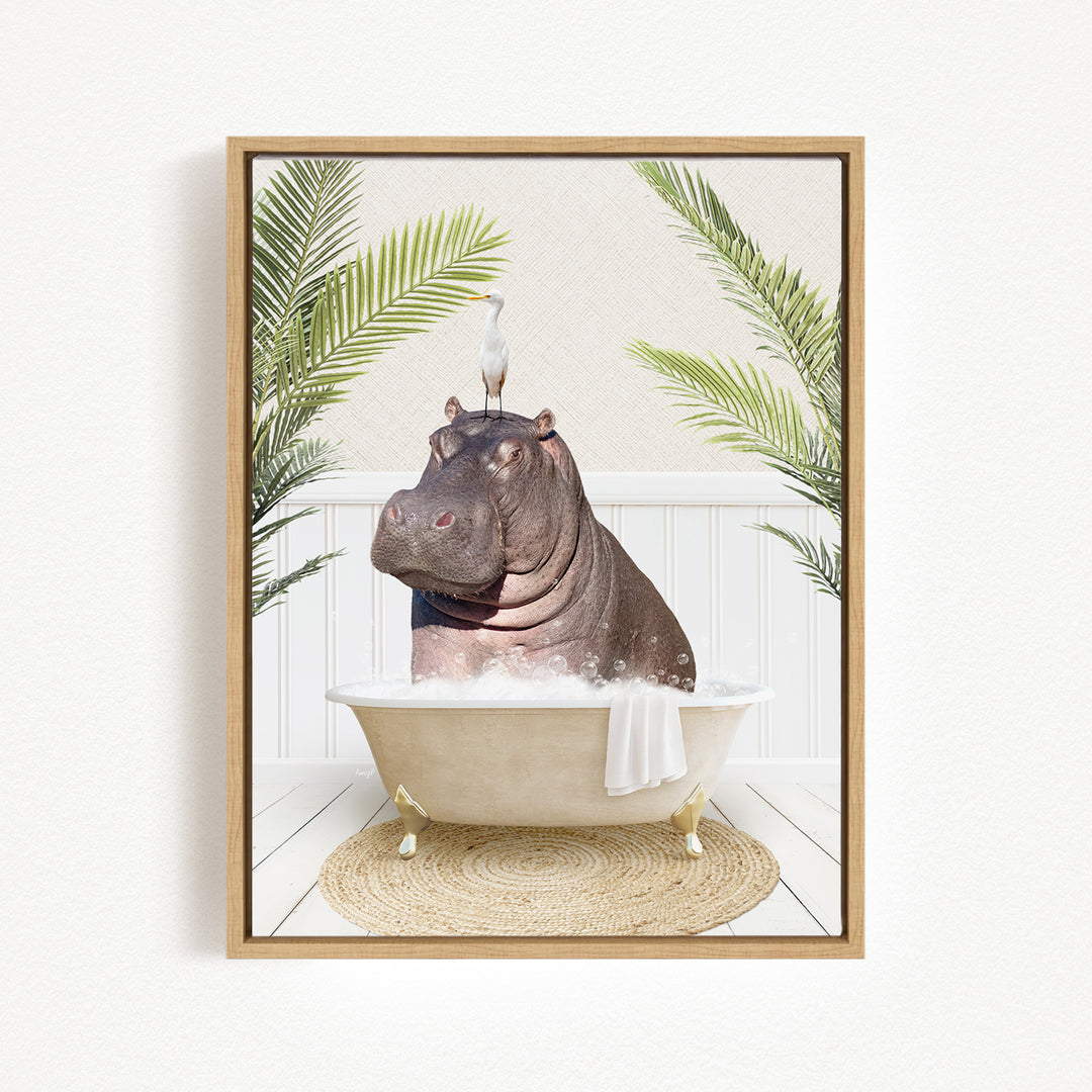 A hippopotamus sitting in a bathtub, surrounded by palm leaves, with a bird perched on its head.