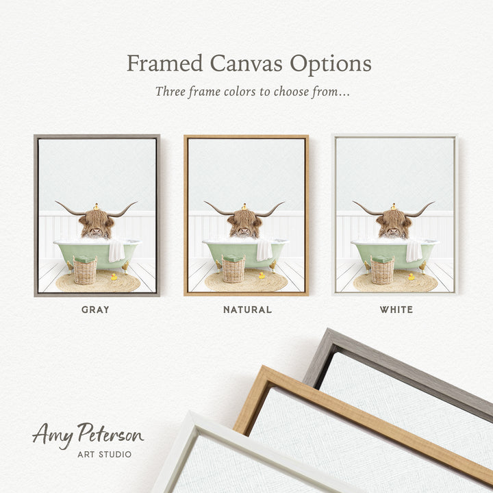 three framed canvas options, each featuring a different color and frame style. The options include a gray frame, a natural frame, and a white frame. The text above the options reads " Framed Canvas Options" and "Three frame colors to choose from...". The text below the options reads "GRY", "NATURAL", and "WHITE". The artist's name, " Amy Peterson ART STUDIO", is also present.