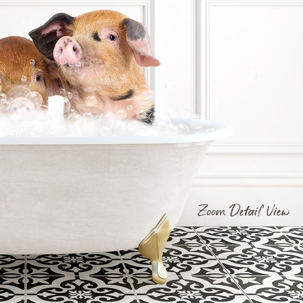 A white bathtub filled with bubbles, with two adorable pigs sitting inside and enjoying the bath.