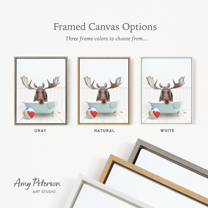 three framed canvas options, each featuring a moose in a bathtub with different colored frames.