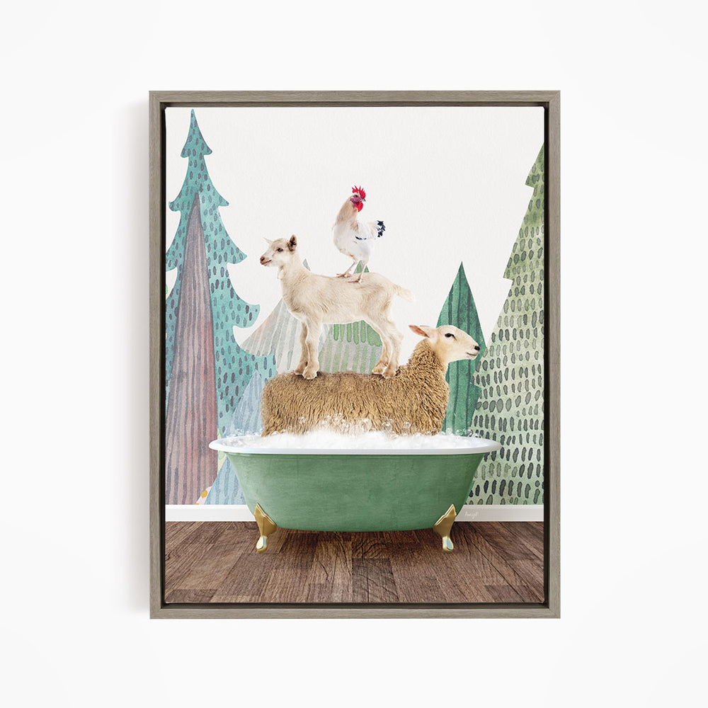 A framed image depicting a sheep standing on a bathtub, with a chicken perched on top, and a lamb on the side.