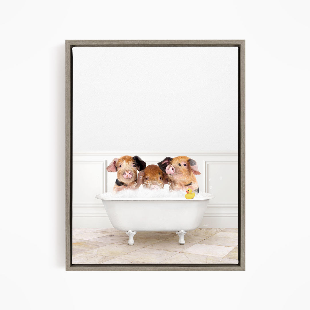 Three adorable pigs sitting in a white bathtub, enjoying a bath time together.