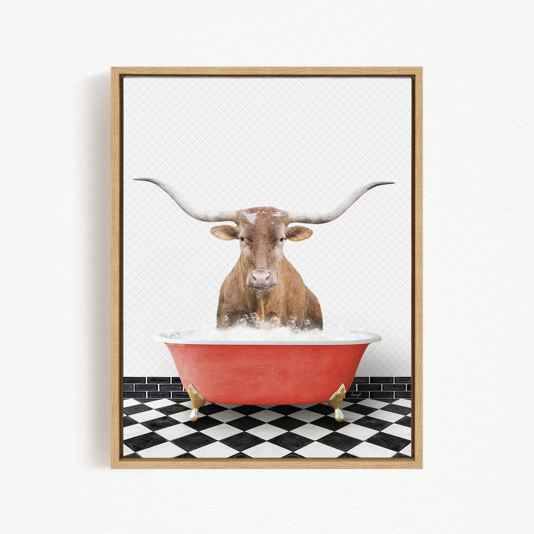 A brown bull with long horns is sitting in a red bathtub filled with water, creating a whimsical and playful scene.