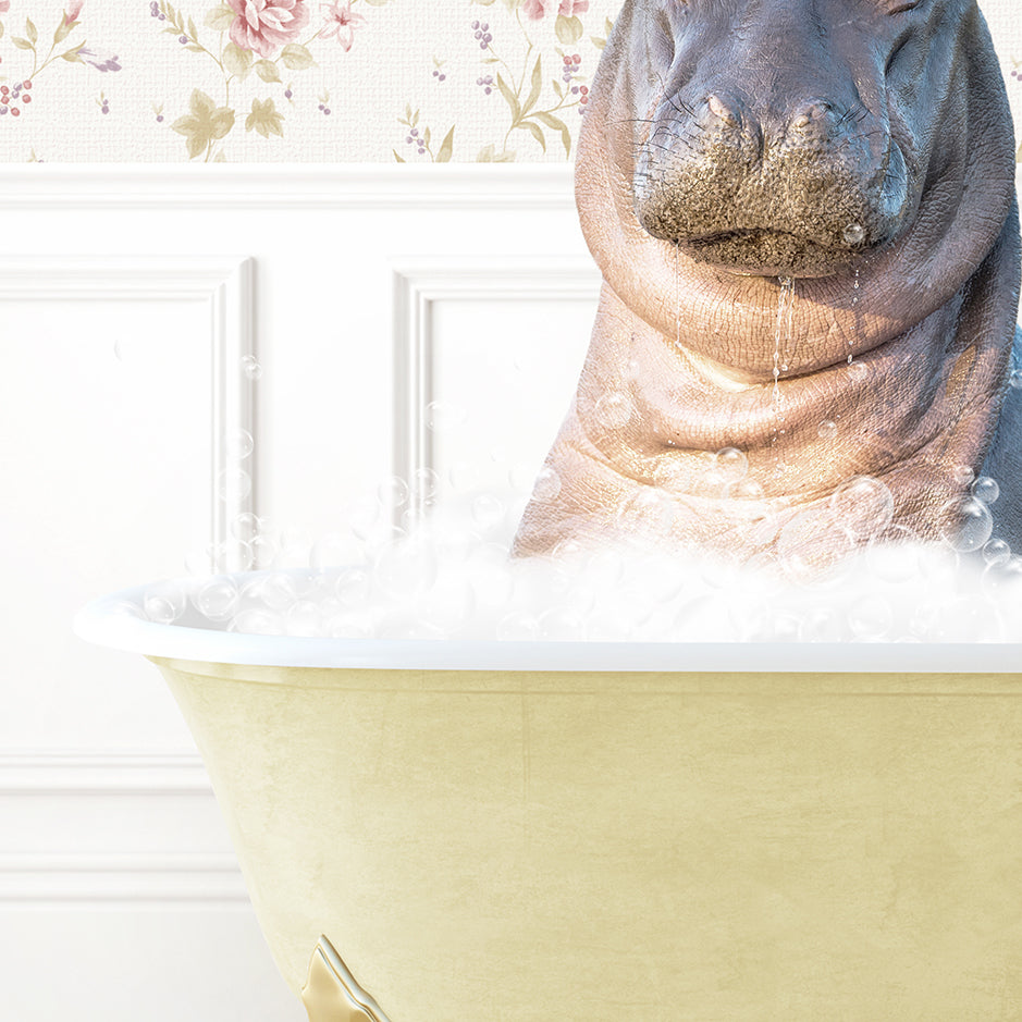 a hippopotamus sitting in a bathtub full of foam