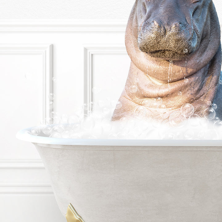 a hippopotamus sitting in a bathtub full of bubbles