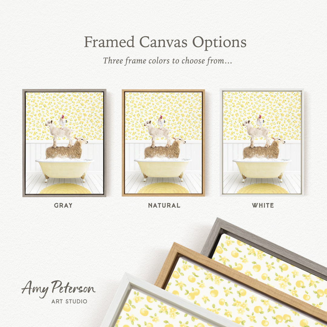 The image is a framed canvas option showcasing three different framed canvas options with a yellow floral pattern. The options include a gray frame, a natural frame, and a white frame. The text above the images reads " Framed Canvas Options" and "Three frame colors to choose from...".