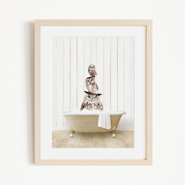 A framed image depicting a group of owls sitting in a bathtub, with one owl perched on top of the others.