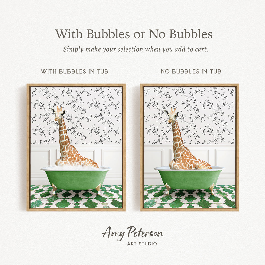 The image is a collage of two framed pictures, each depicting a giraffe sitting in a green bathtub. The text above the images reads "With Bubbles or No Bubbles" and below the images, it says "Simply make your selection when you add to cart."