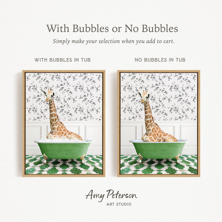 The image is a collage of two framed pictures, each depicting a giraffe sitting in a green bathtub. The text above the images reads "With Bubbles or No Bubbles" and below the images, it says "Simply make your selection when you add to cart."