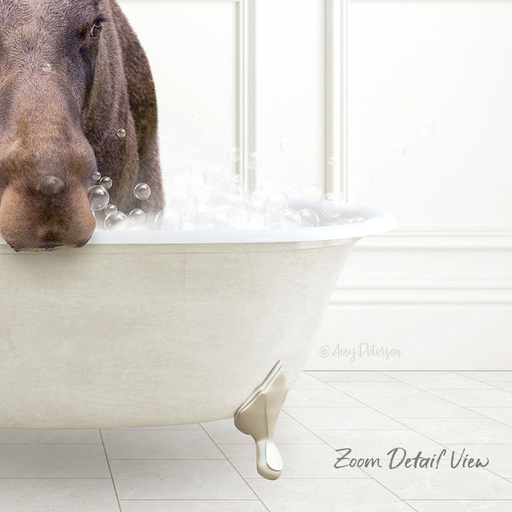 A dog is standing in a bathtub filled with bubbles, enjoying a bath.