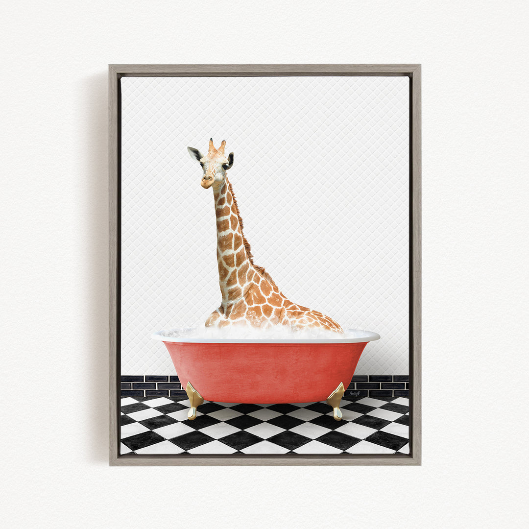 A giraffe sitting in a red bathtub on a black and white checkered floor.