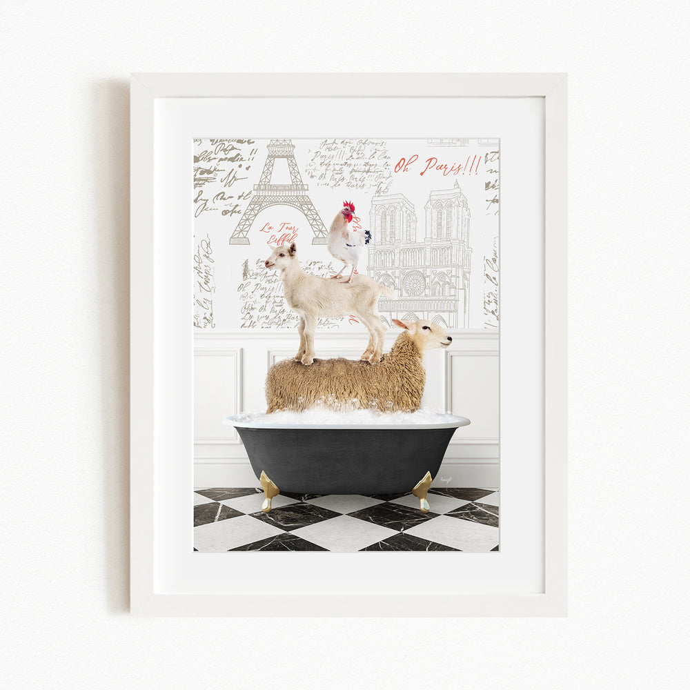 A framed image depicting a sheep standing on a black bathtub, with a rooster perched on top of the sheep.