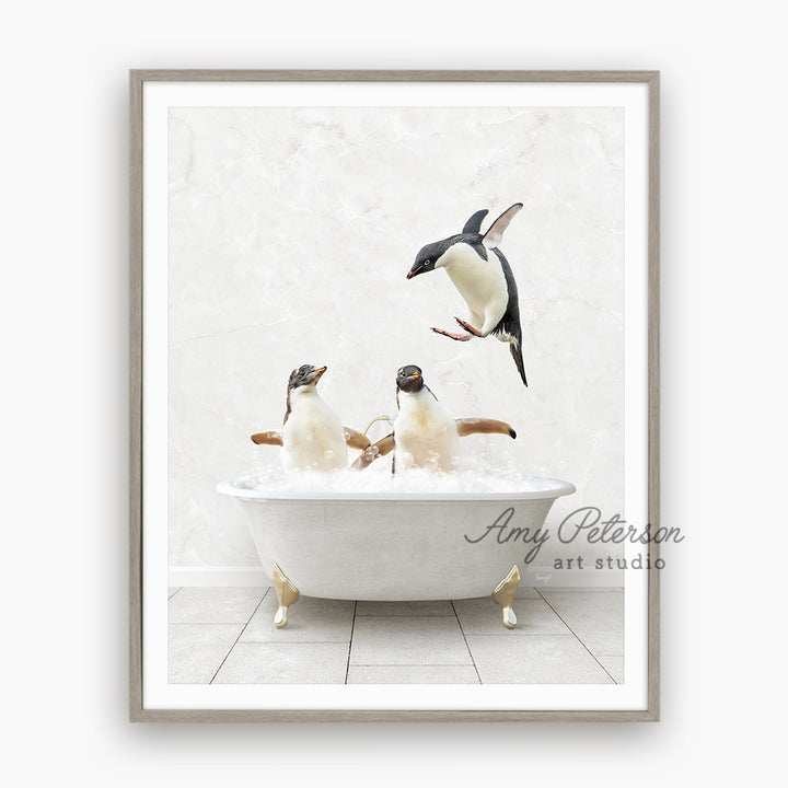 a group of penguins in a bathtub with bubbles