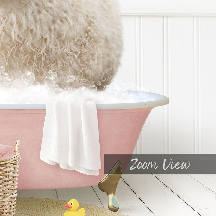 A fluffy white dog is sitting in a pink bathtub filled with bubbles, surrounded by a yellow rubber duck and a white towel.