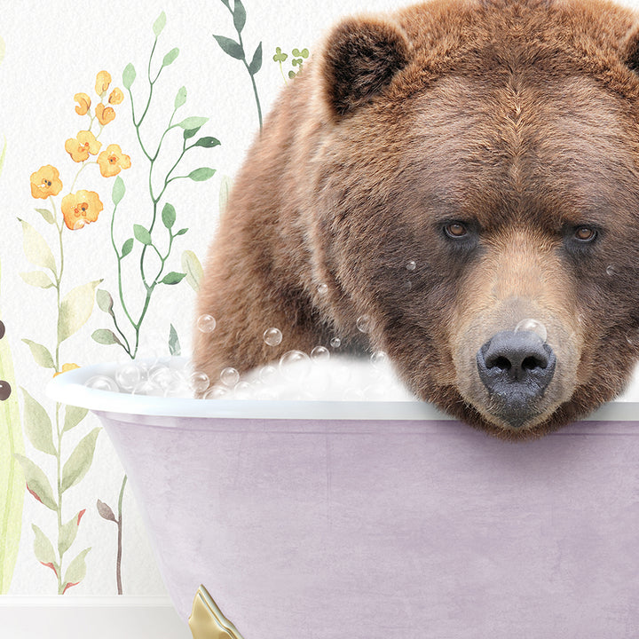 a brown bear is taking a bath in a bathtub