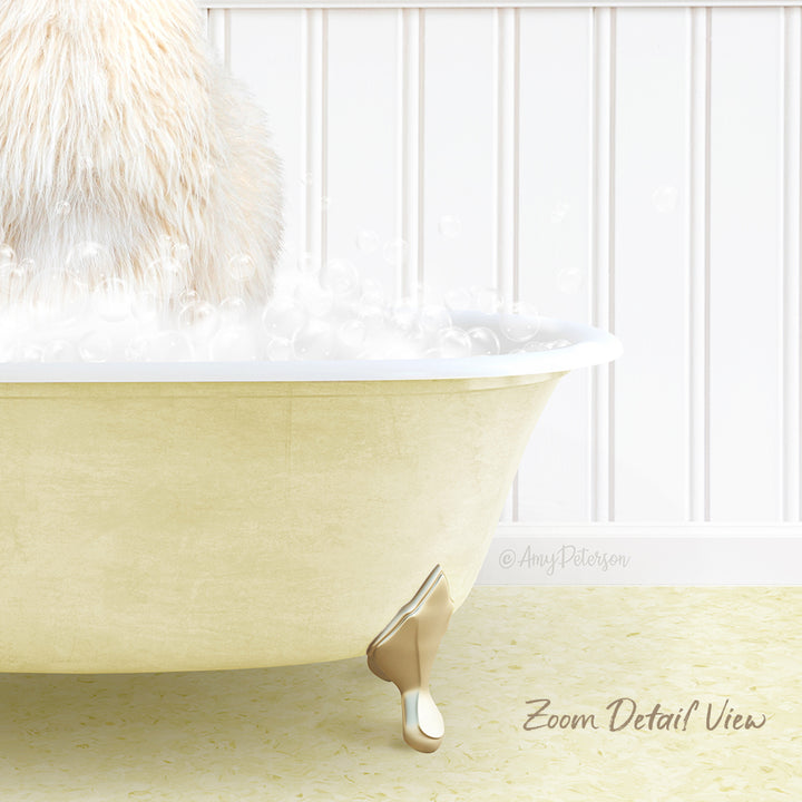 A fluffy white cat sitting in a bathtub filled with bubbles, with a white wall and text overlay in the background.