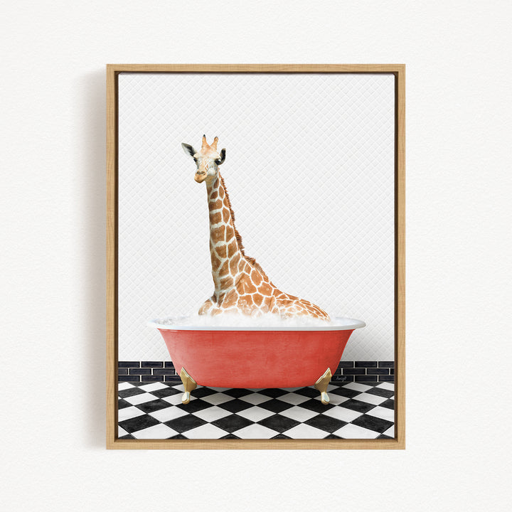A giraffe sitting in a red bathtub on a black and white checkered floor.