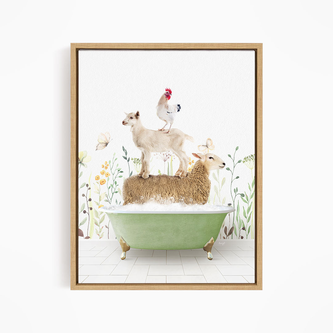A framed image depicting a sheep standing on a green bathtub, with a chicken perched on top of it, and a lamb sitting on the tub's edge.