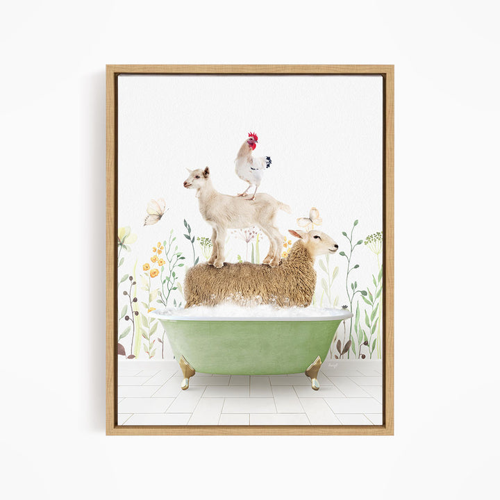 A framed image depicting a sheep standing on a green bathtub, with a chicken perched on top of it, and a lamb sitting on the tub's edge.