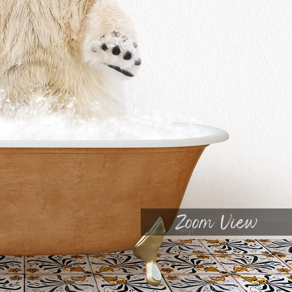 A polar bear is standing in a bathtub filled with bubbles, with its paw raised above the water.