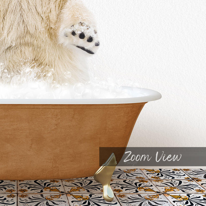 A polar bear is standing in a bathtub filled with bubbles, with its paw raised above the water.