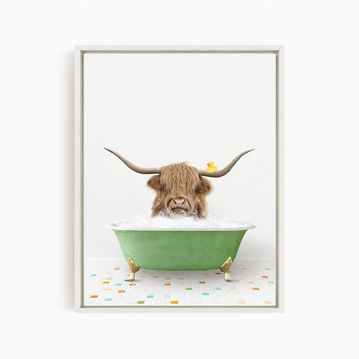 A horned animal, possibly a yak or a cow, is sitting in a green bathtub filled with water, with a rubber duck floating on the surface.