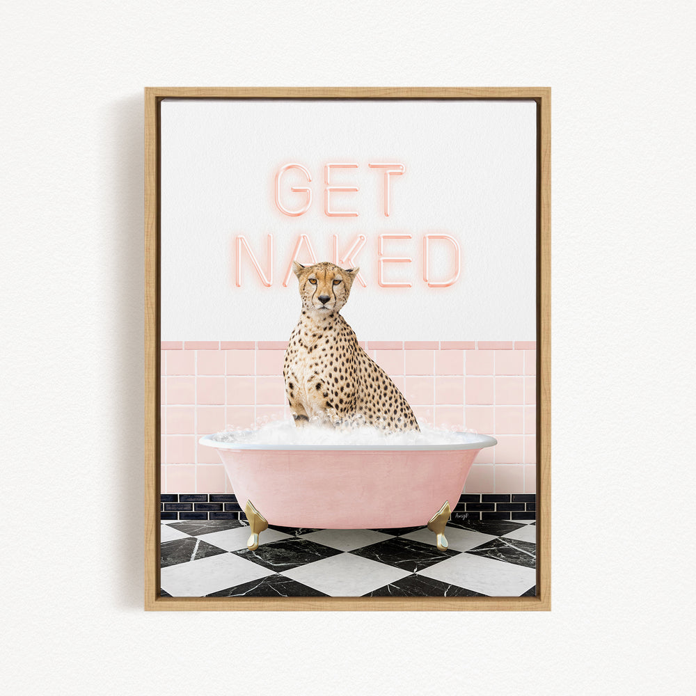 A cheetah sitting in a pink bathtub with the text "GET NAKED" displayed above it.