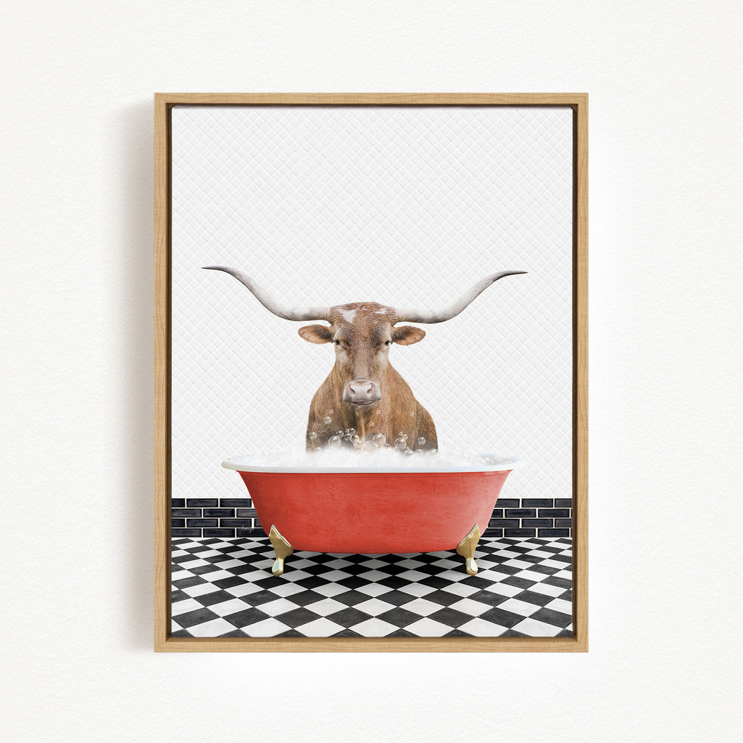 A bull with large horns is standing in a red bathtub filled with water, creating a whimsical and playful scene.