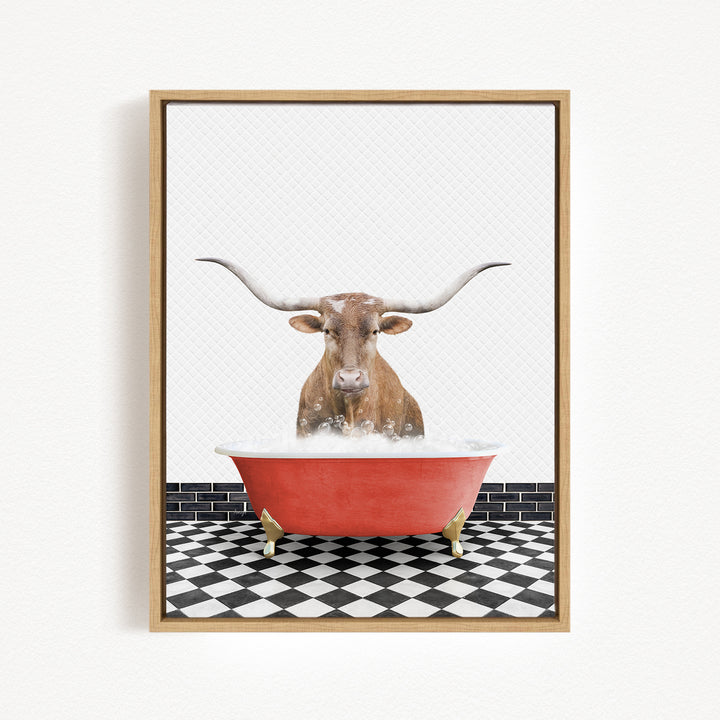 A bull with large horns is standing in a red bathtub filled with water, creating a whimsical and playful scene.