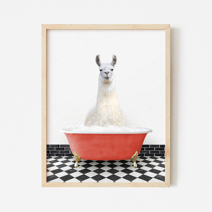 a llama sitting in a bathtub with a black and white checkered floor