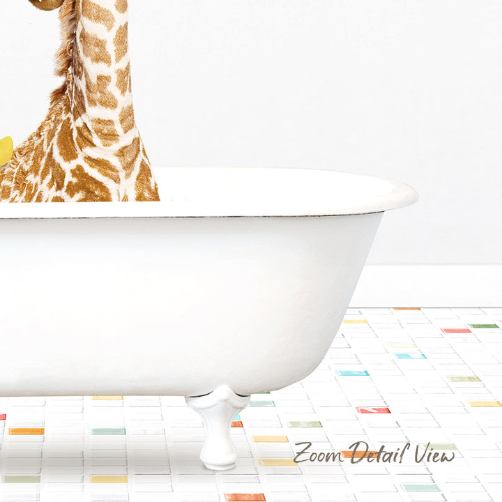A giraffe standing in a white bathtub on a colorful tiled floor.