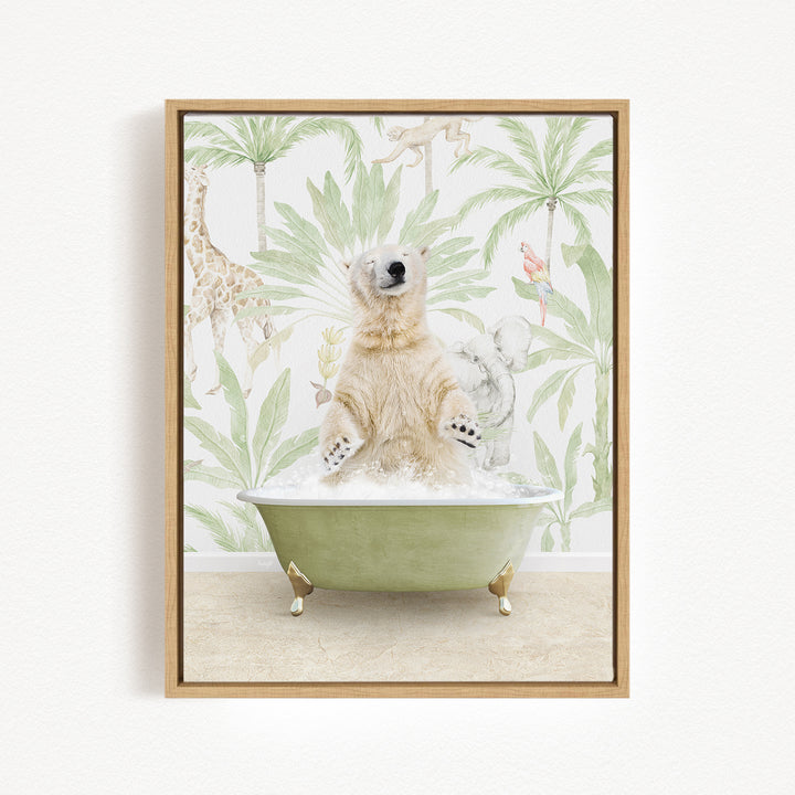 A polar bear sitting in a green bathtub, surrounded by tropical plants and animals, creating a whimsical and playful scene.