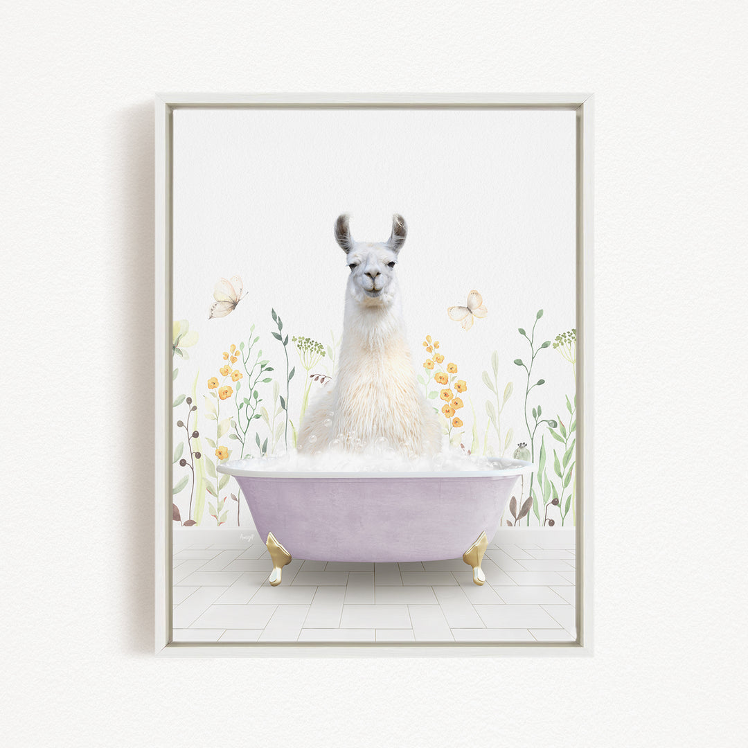 A white llama sitting in a purple bathtub filled with bubbles, surrounded by flowers and butterflies.