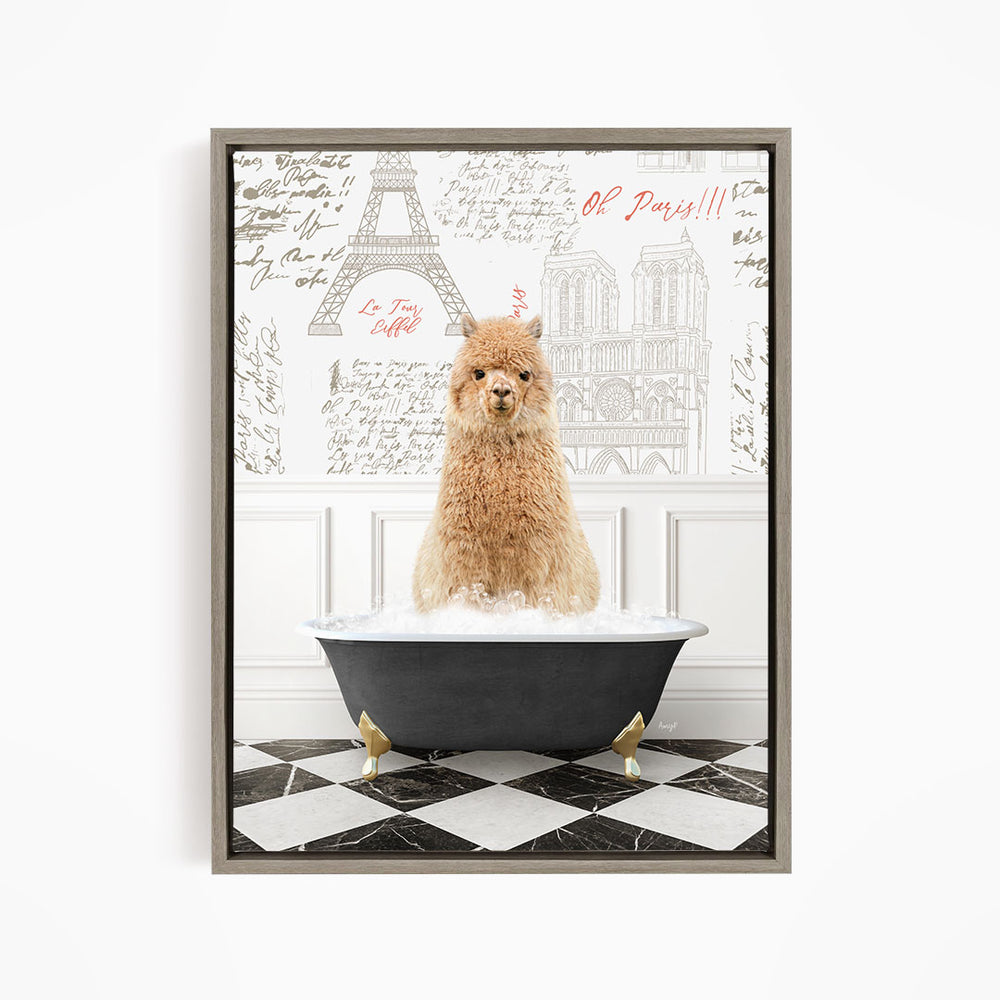 A fluffy brown dog sitting in a bathtub filled with water, surrounded by a checkered floor and a wall with the Eiffel Tower and other Parisian landmarks.