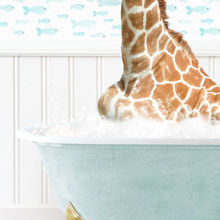 a giraffe sticking its head out of a bathtub