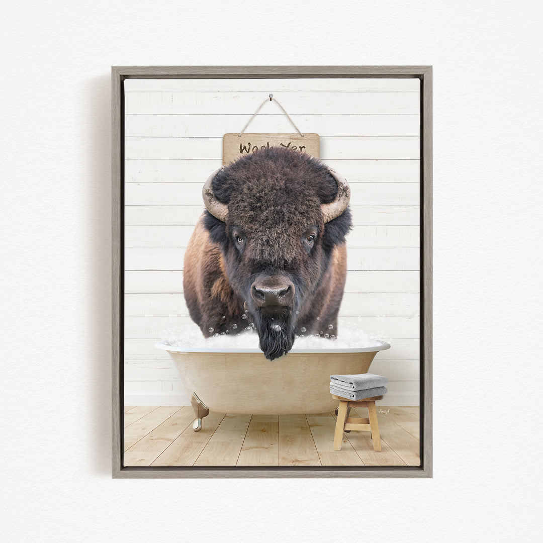 A buffalo with large horns is sitting in a bathtub, with a sign above it that says "WOW! WOW! WOW! WOW! WOW!"