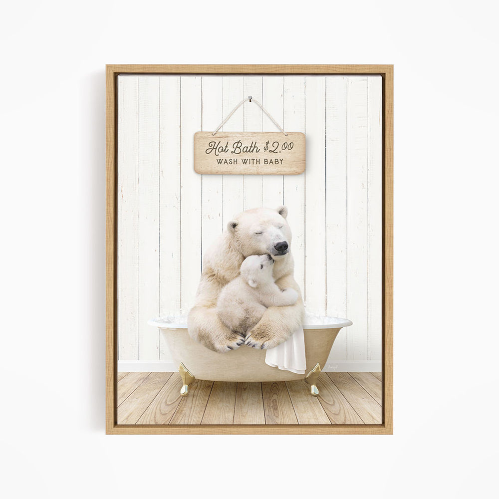 A polar bear and its cub are sitting in a bathtub, with a sign above them that reads "Hot Bath $2.00 WASH WITH BABY".