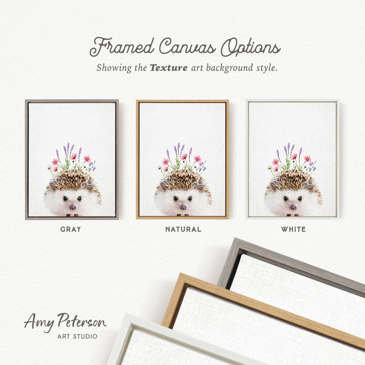 three framed canvas options, each with a different background color: gray, natural, and white. The text above the images reads " Framed Canvas Options" and "Showing the Texture art background style." The text below the images reads " Amy Peterson ART STUDIO".