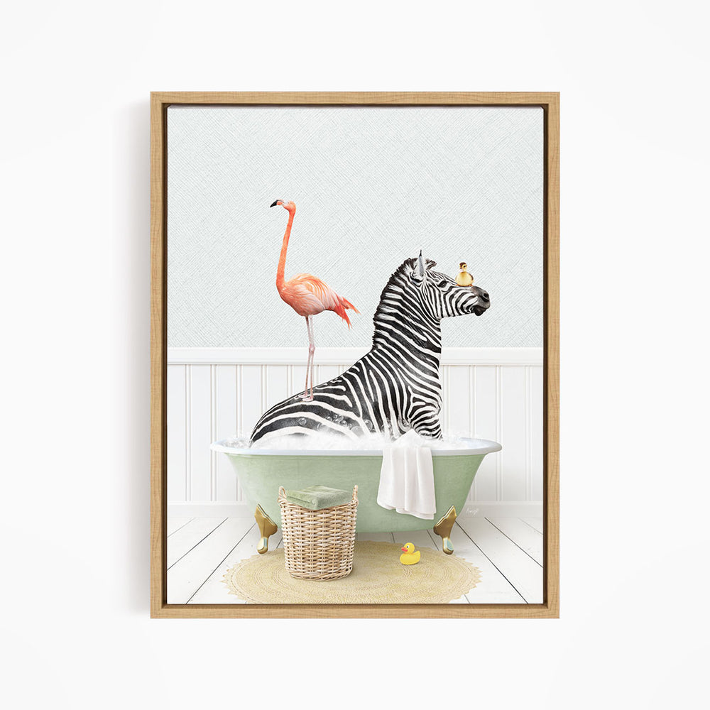 A zebra is sitting in a green bathtub, with a pink flamingo standing on its back and a yellow rubber duck floating nearby.