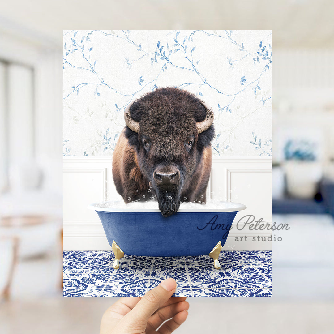 a bison sticking its head in a bath tub