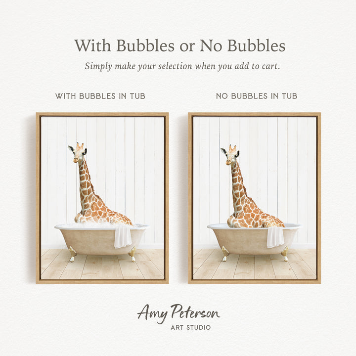 The image is a collage of two framed pictures, each depicting a giraffe sitting in a bathtub. The text above the images reads "With Bubbles or No Bubbles" and below the images, it says "Simply make your selection when you add to cart."