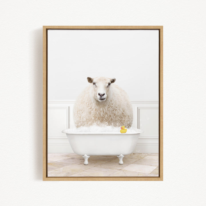 A fluffy white sheep sits in a white bathtub, surrounded by a yellow rubber duck.