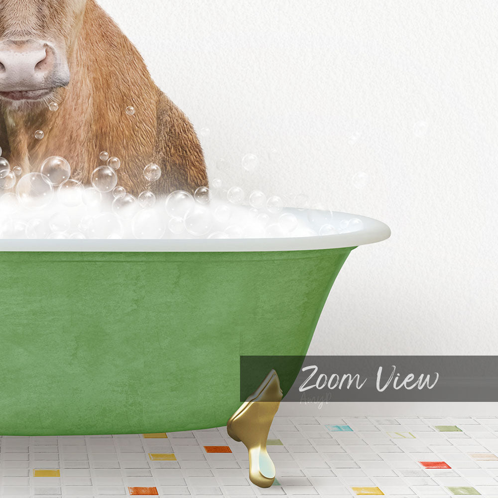 A brown cow is standing in a green bathtub filled with bubbles, creating a whimsical and playful scene.